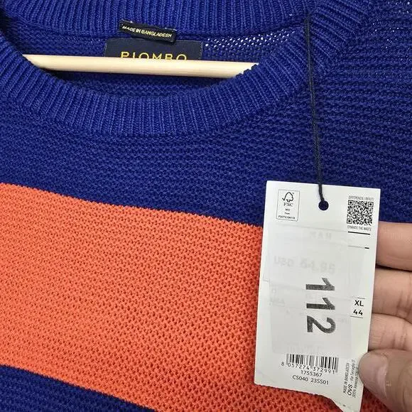 Piombo Men's Crew Neck‎ Sweater Blue and Orange Striped XL - Picture 2 of 3